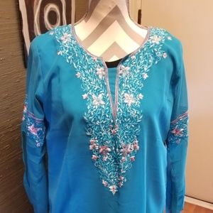 Boho Embroidered Blue Blouse Sari Pure Silk Lined